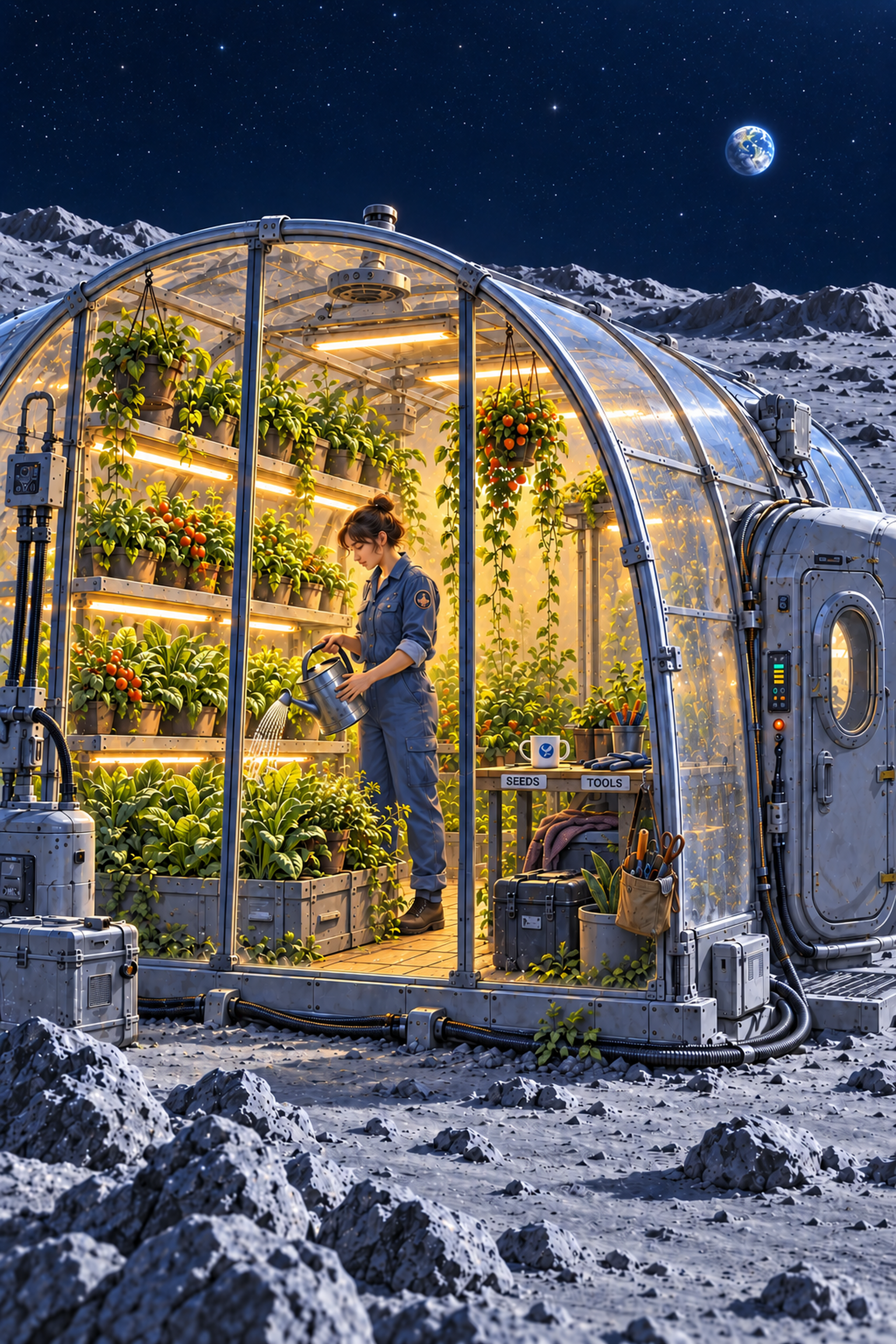 A portrait illustration of a small glass greenhouse on the Moon, glowing with soft amber interior light against a cool blue lunar exterior. A peaceful gardener in simple blue work clothes holds a watering can beside three tiers of planting shelves. A canvas tool bag hangs by its strap beside a worktable labeled SEEDS and TOOLS, with a mug and gloves. Refined curved supports and connected pipes frame the greenhouse. A small luminous Earth is isolated in a quiet dark-blue sky above the rocky lunar surface outside.